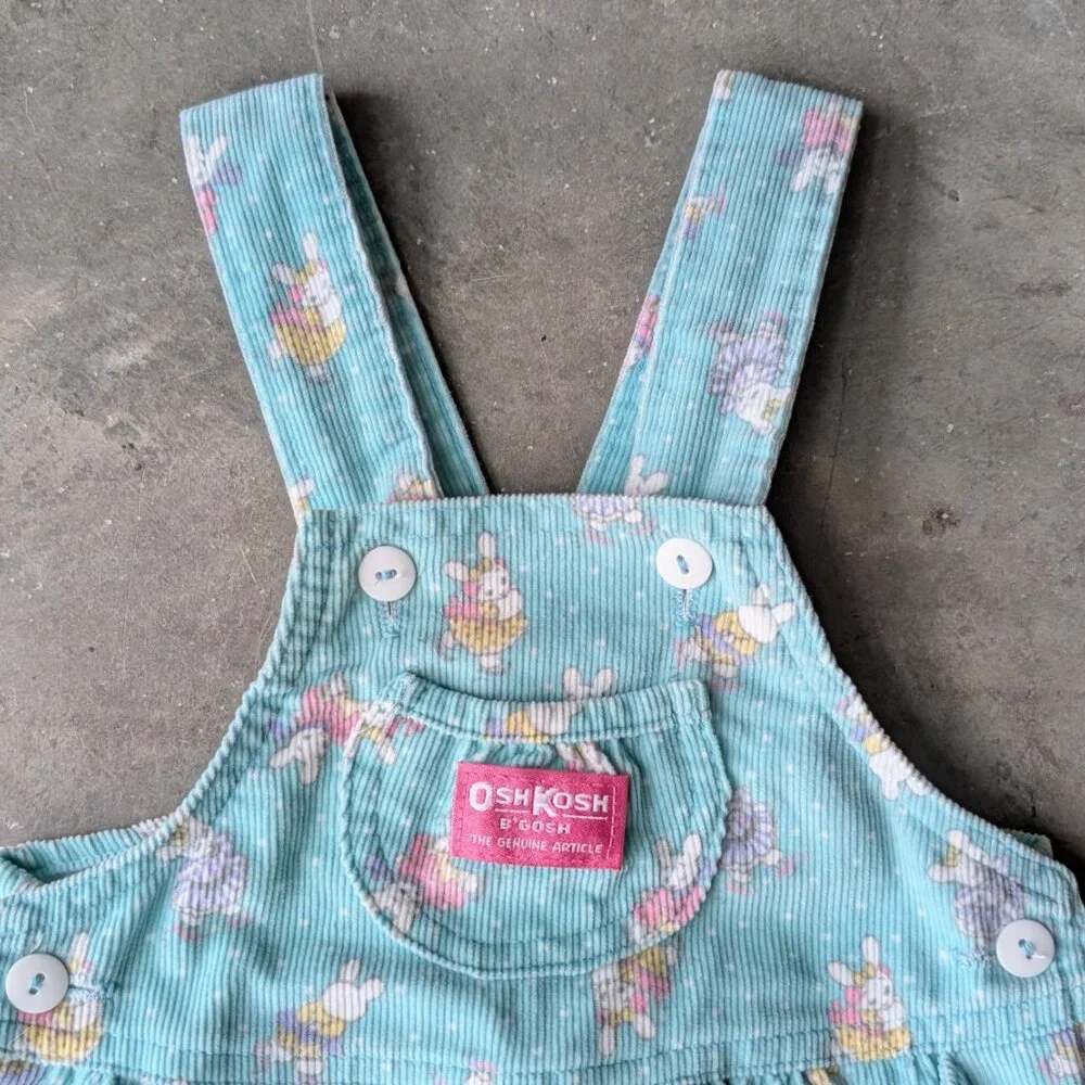 Vintage Oshkosh B'Gosh Teal Corduroy Bunny Rabbit Pattern Overall Dress size 4T